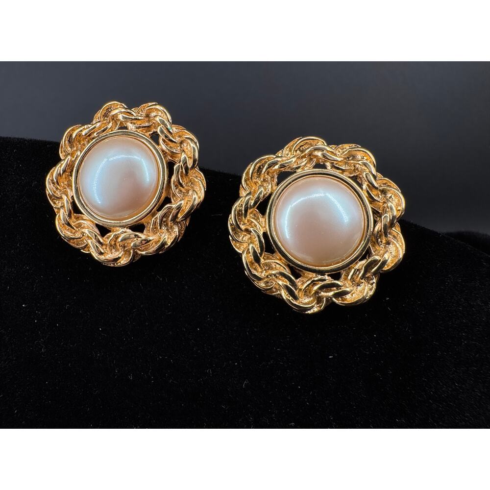 Vintage Monet Clip On Earrings Gold Tone Rope Faux Pearl Statement Earrings